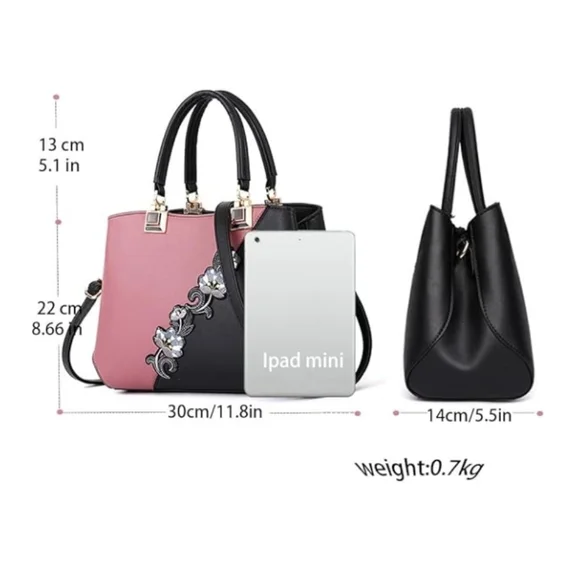 Handbag Embroidery Top Handle Satchel Fashion Shoulder Bag Tote Purse Black Pink - Picture 3 of 7